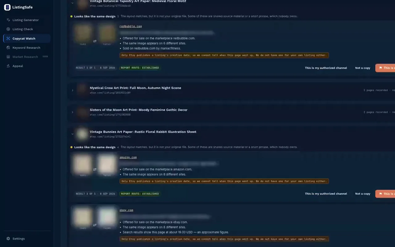 Etsy copycat checker results grouped into exact copies, same design and look-alikes