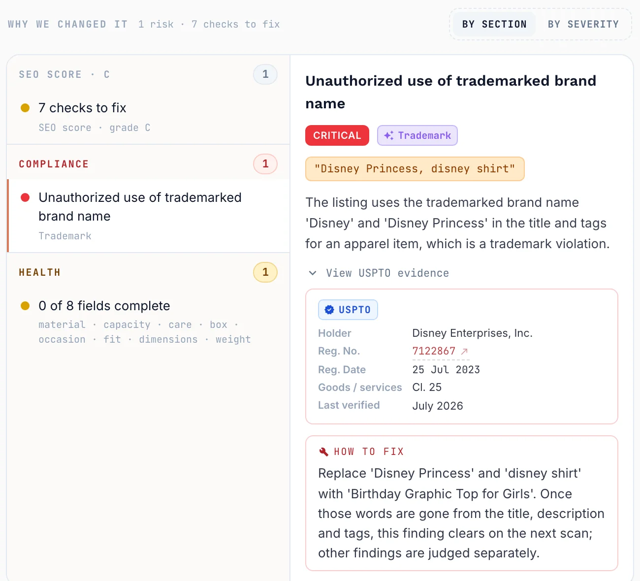Etsy trademark checker result: a flagged brand name with the reason, how to fix it, and the USPTO registration record
